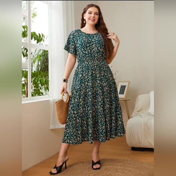 Classic Floral Round Neck Short Sleeve Modest Midi Dress Chic Curvy Plus Size - Picture 1 of 12